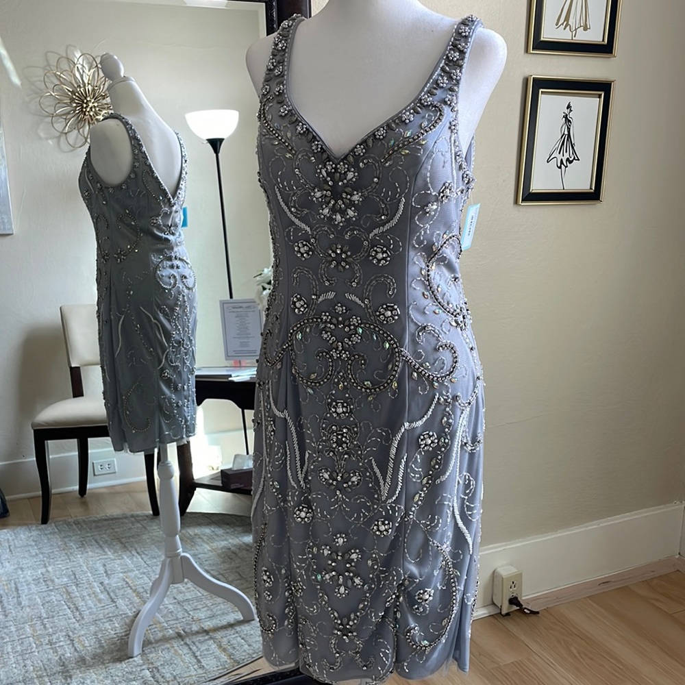Size 6 very light gray-blue tank strap fully beaded midi by Abby Paris, like new